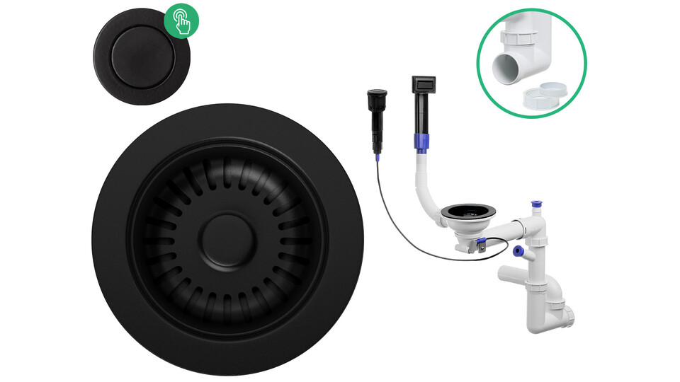 Automatický sifón šetriaci miesto (Pop-up) do drezov pod dosku Composite čierny-obdĺžnikový prepad